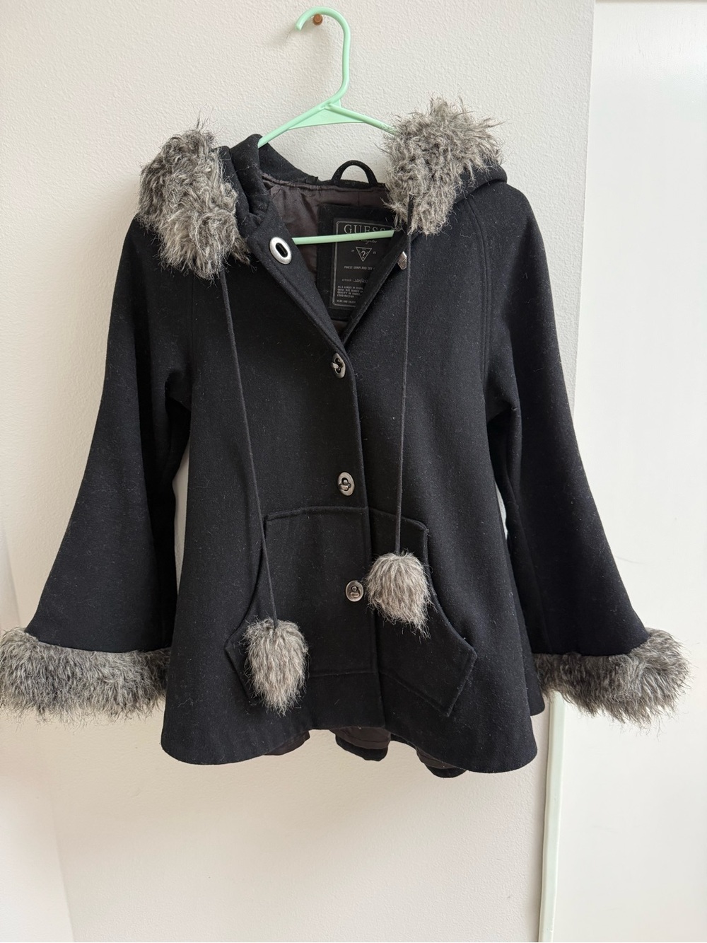 GUESS Black Wool Blend Winter Coat with Faux Fur Trim - Size XS